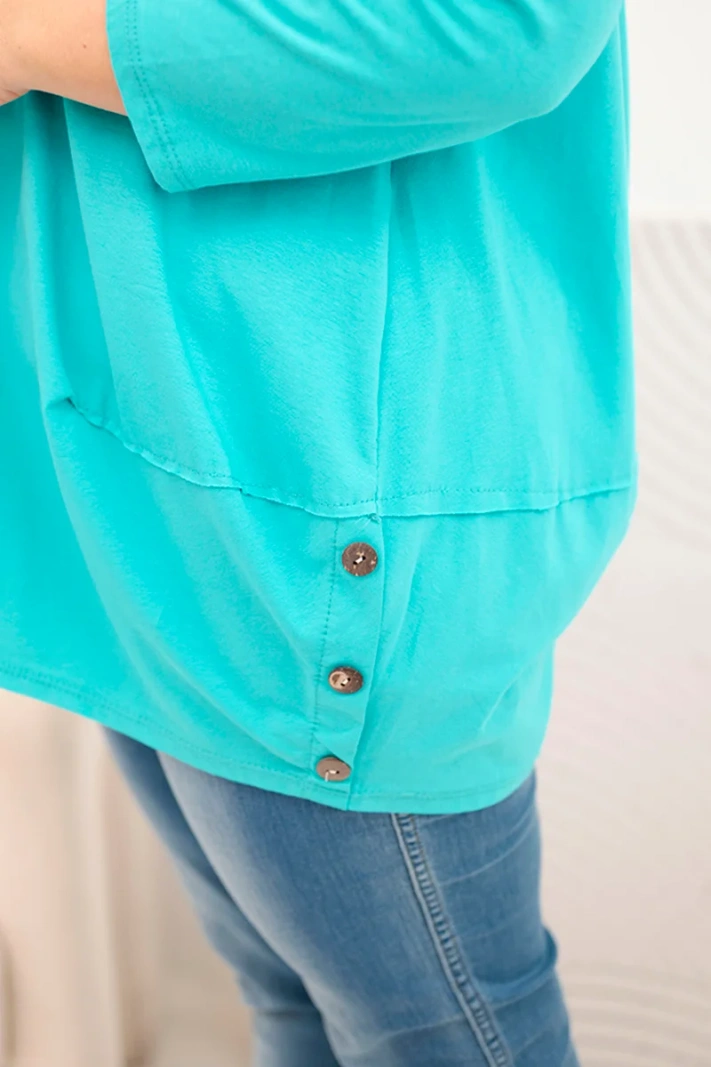 Women's Plus Size blouse made of cotton with decorative buttons and rolled-up sleeves mint