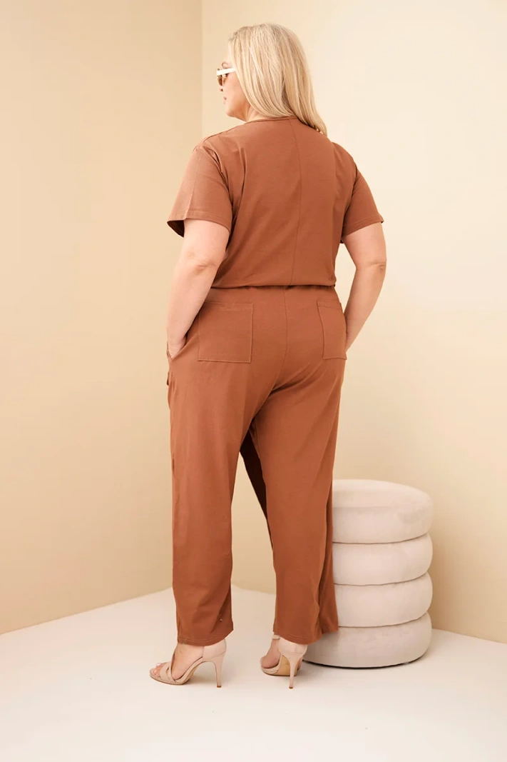Dámský bavlněný overal Plus Size se zavazováním v pase velbloudí