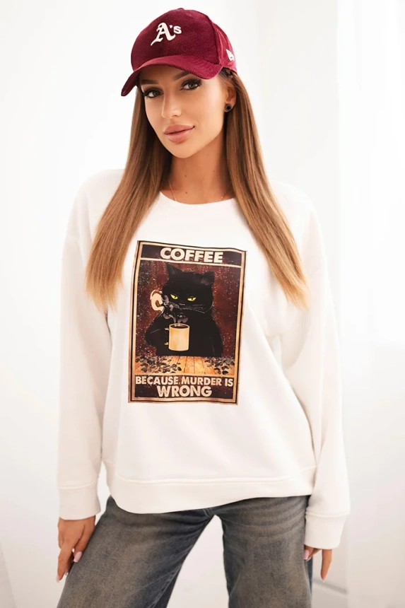 Women's cotton sweatshirt with a cat print and text ecru