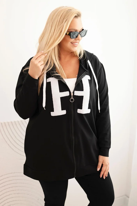 Damenpullover Plus Size aus Baumwolle mit Kapuze und großem H schwarz