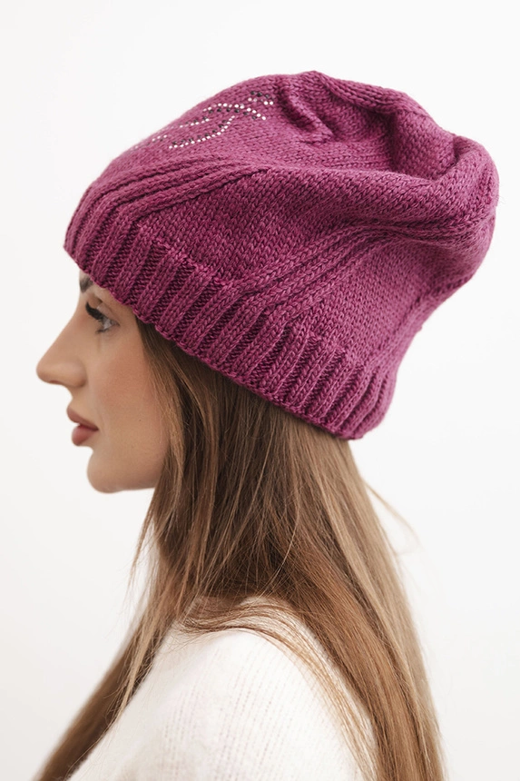 Women's winter hat with wool and rhinestone embellishment K480 dark purple