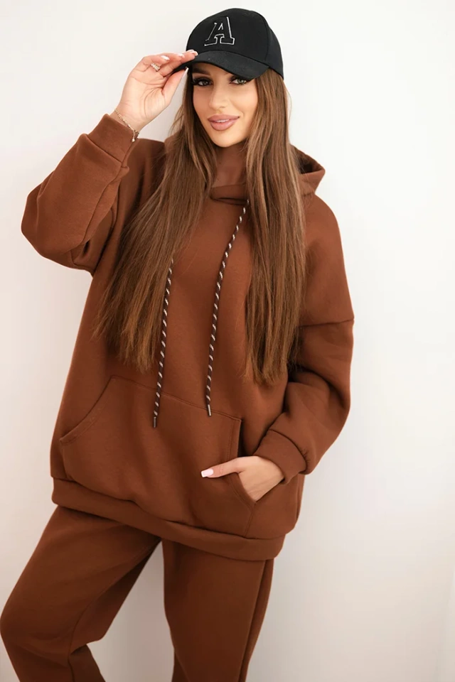Komplet dresowy damski ocieplany z bawełny i z kapturem camelowy