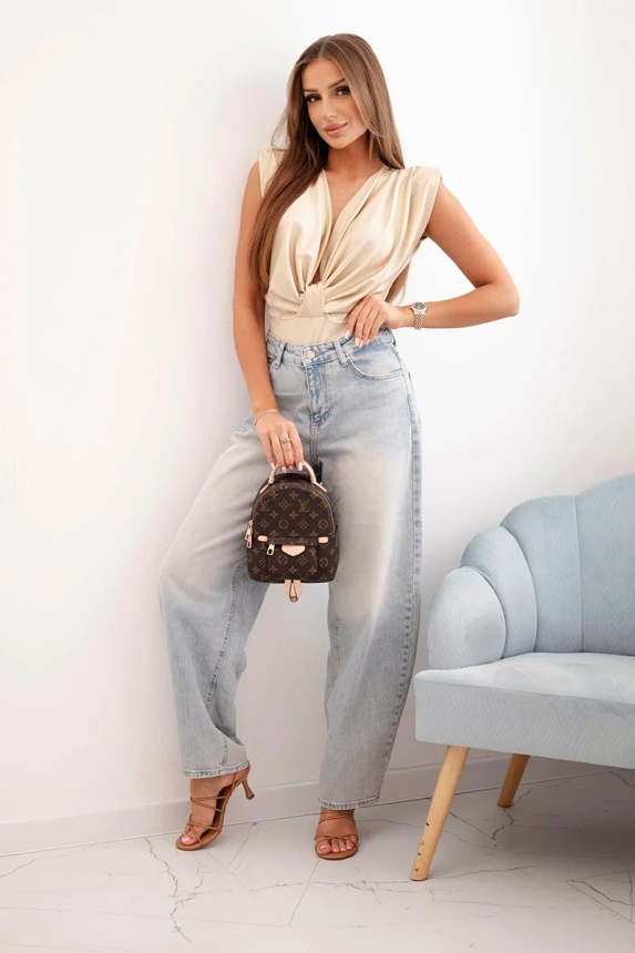 Women's satin bodysuit blouse with a deep neckline beige