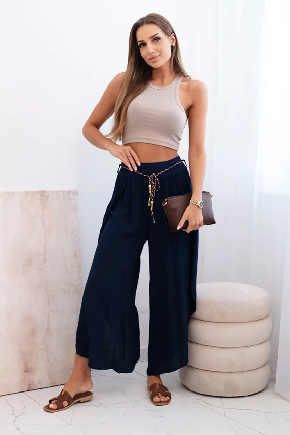 Women's viscose trousers with leg slit navy blue