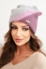Women's winter hat made of fluffy knit with decorative appliqué gray + dark purple