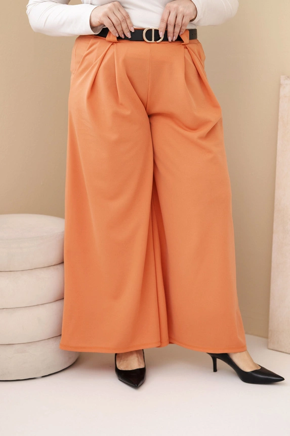 Plus Size women's viscose trousers with wide legs and a belt peach
