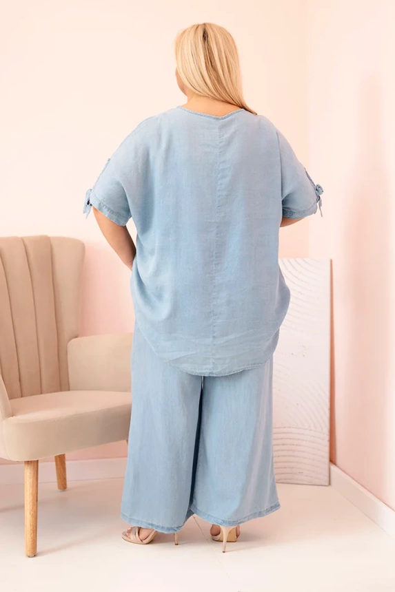 Plus Size women's set made of Tencel, tie-front blouse and wide-leg pants light denim