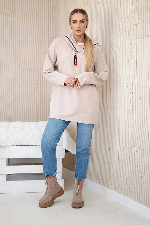 Beige Tunika mit Kapuze und Reißverschluss in Übergröße