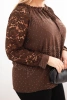 Plus Size women's blouse with lace sleeves and decorative neckline brown