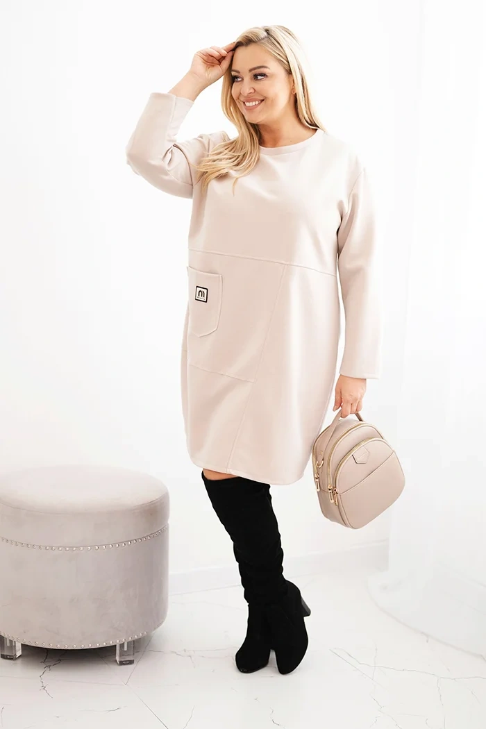 Sukienka damska Plus Size masełko z kieszenią i rękawem 3/4 beżowy