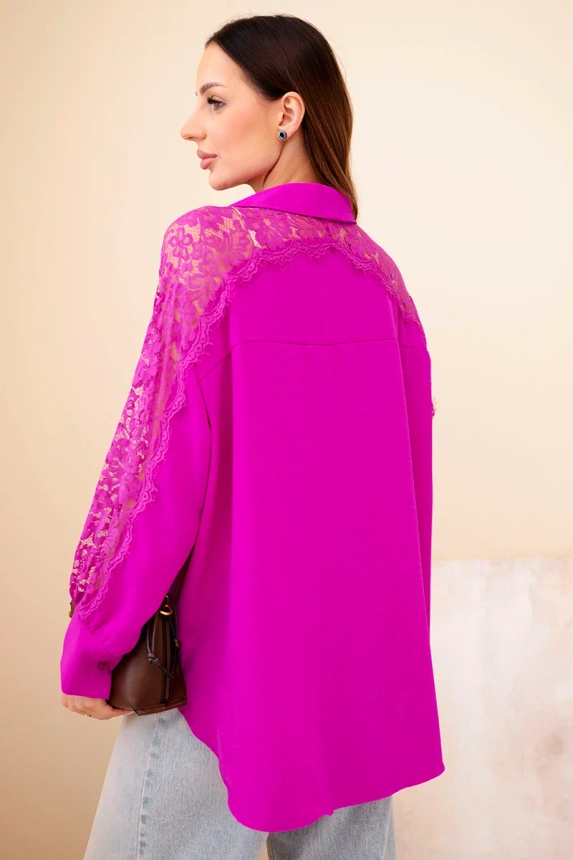 Women's viscose shirt with lace sleeves and collar dark purple