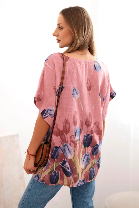 Women's cotton shirt with a floral pattern dark pink