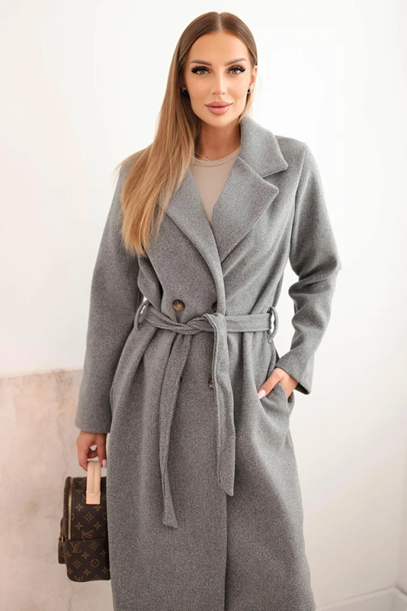 Women's suede coat tied at the waist gray