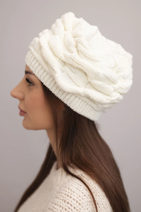 Women's winter wool hat with decorative pattern and studs K397 ecru