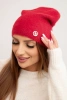 Classic women's cap made of soft knit with a decorative plate raspberry