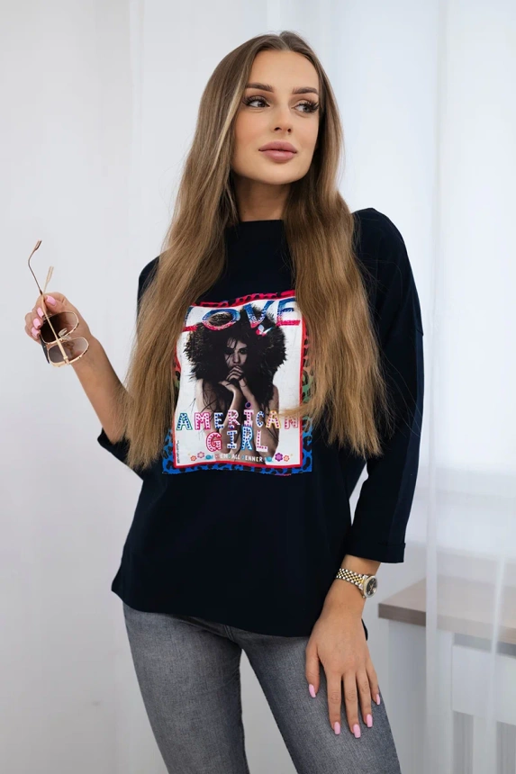 Amerikietiška mergaitė grafinė palaidinė tamsiai mėlyna S/M - L/XL
