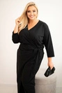 Moteriškas medvilninis kombinezonas Plus Size su juosmens raiščiu ir 3/4 rankovėmis juodas