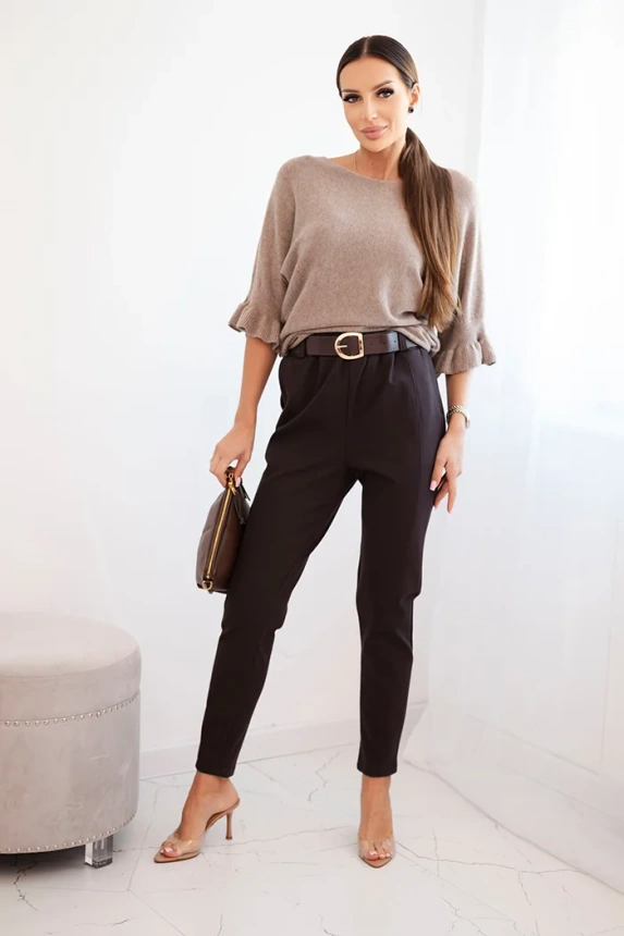 Women's viscose pants with a belt and tapered leg brown