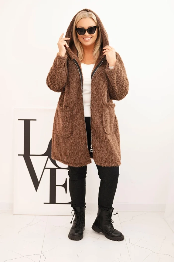 Women's Plus Size viscose coat with a zipper and a hood brown