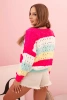 Ladies' striped openwork sweater with V-neck fuchsia + yellow