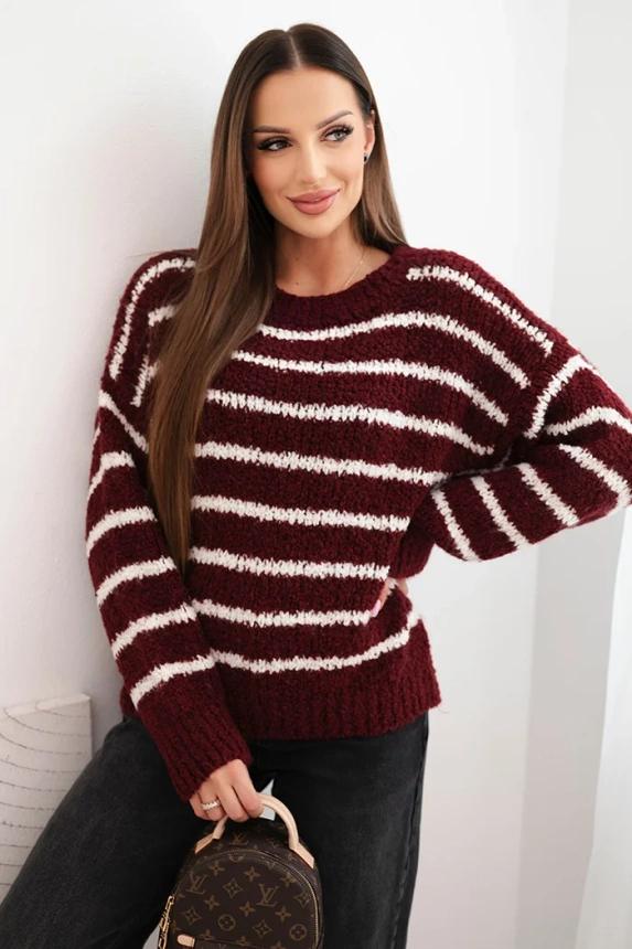 Women's striped loose-fit sweater with wool maroon