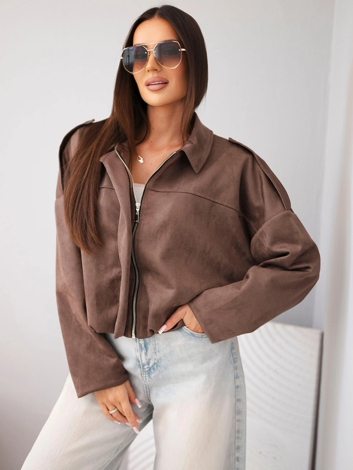 Damen Wildlederjacke mit Kragen und langen Ärmeln schokoladenfarben
