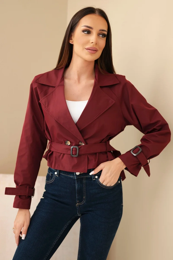 Women's short double-breasted viscose jacket with belt and lapels burgundy