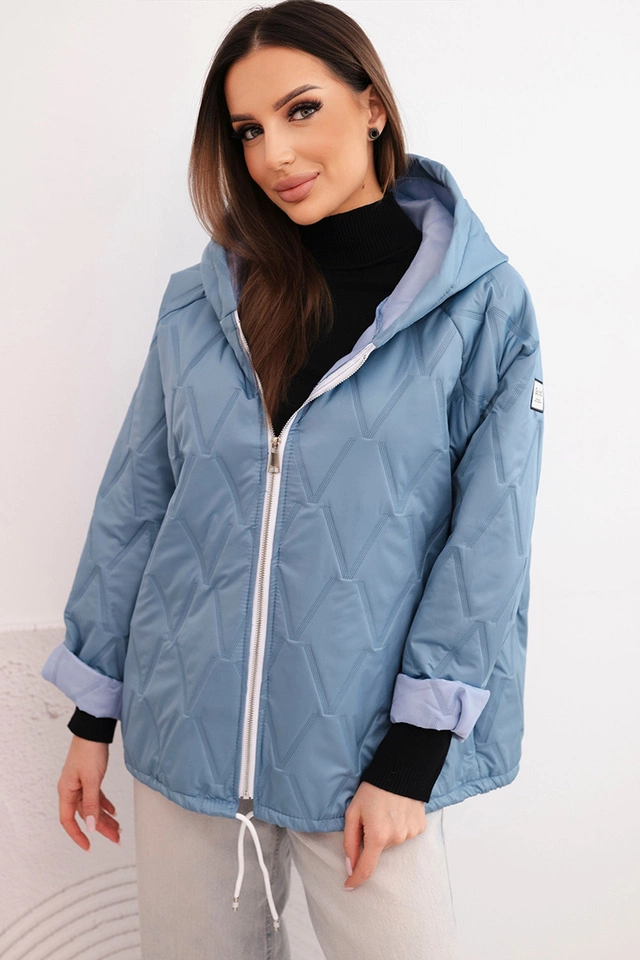 Kurtka damska wiosenna pikowana z kapturem i zamkiem jeansowa