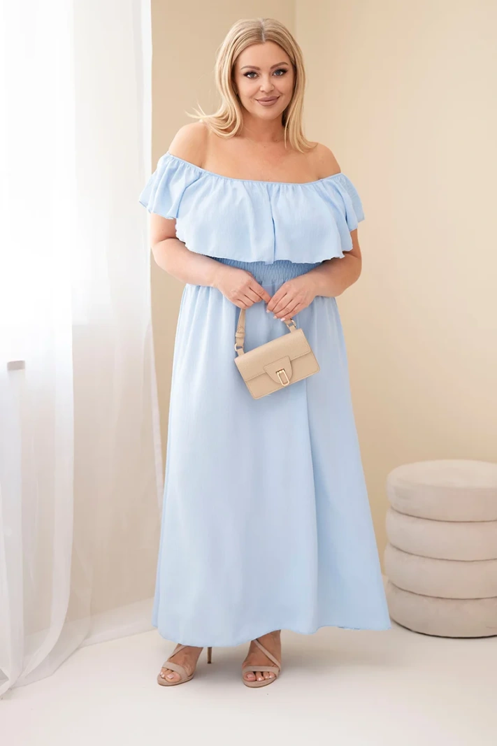 Moteriška suknelė didesnių dydžių su raukiniais ir elastingu juosmeniu mėlyna