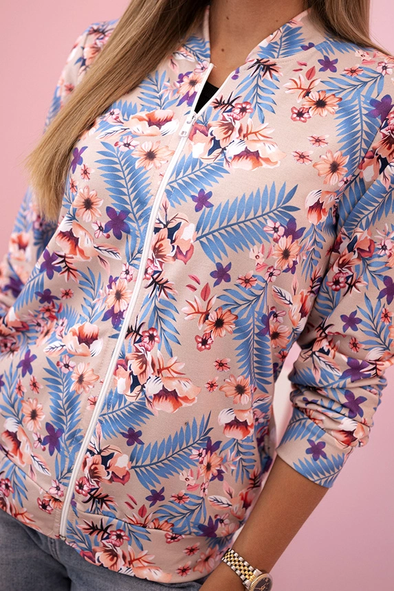 Bluza damska zapinana na zamek w kwiatowy wzór beżowa