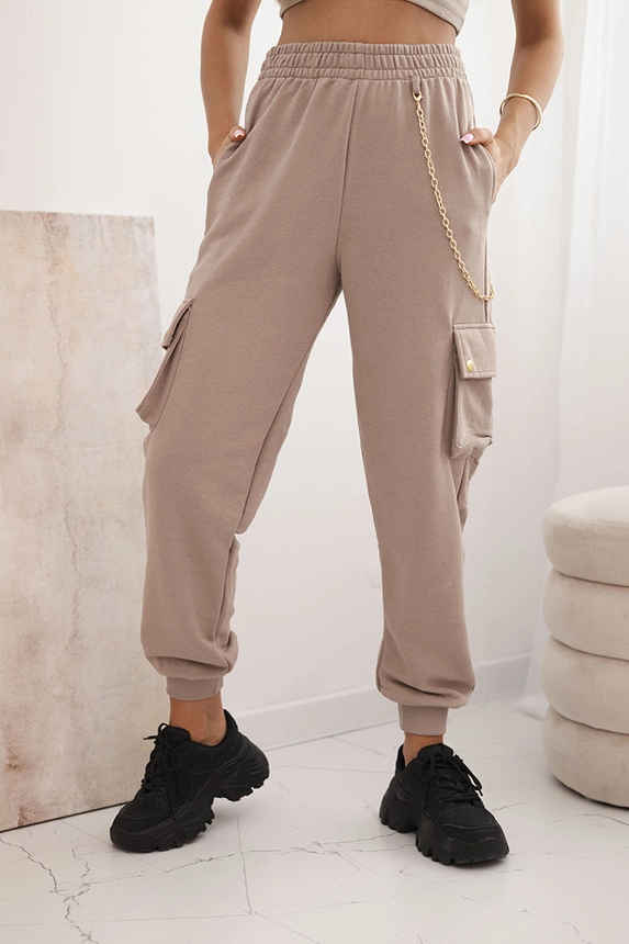 Moteriškos medvilninės cargo kelnės su kišenėmis ir grandinėle bežinės