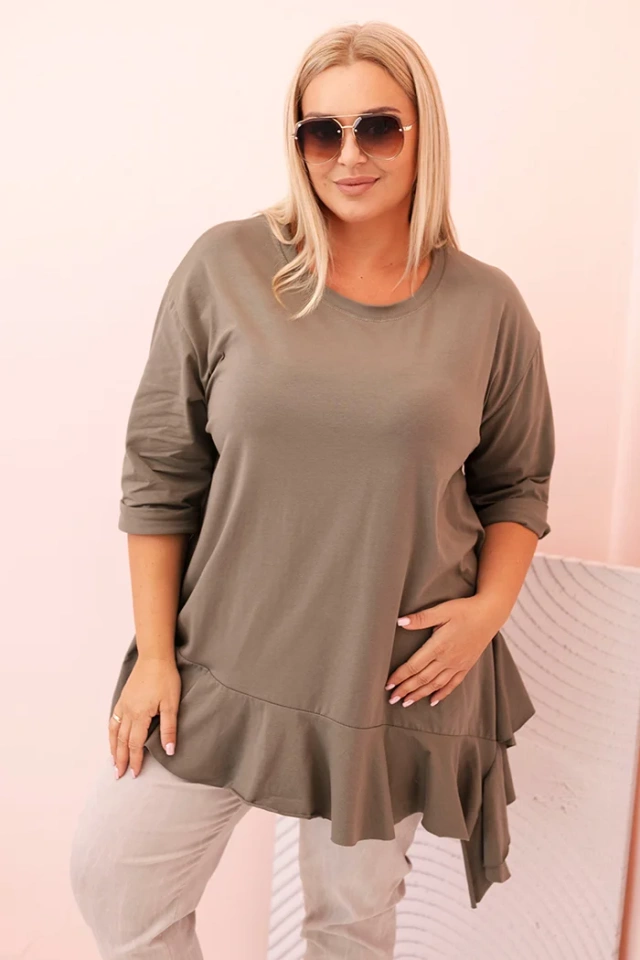 Bluzka damska Plus Size z bawełną z falbaną i rękawem podwijanym khaki