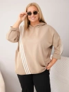 Moteriškas Plus Size veliūrinis megztinis su kapišonu ir dekoratyvinėmis juostelėmis smėlio spalvos