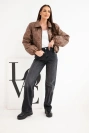 Women's short quilted jacket with collar and zipper chocolate
