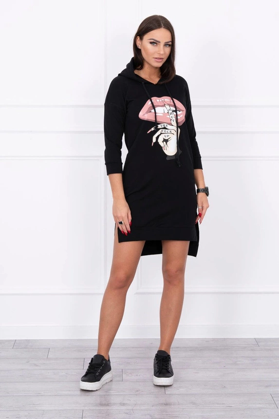 Kleid mit längerem Rücken und buntem Druck schwarz