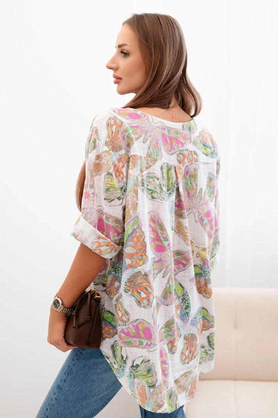 Women's cotton blouse with a butterfly pattern and buttons - white