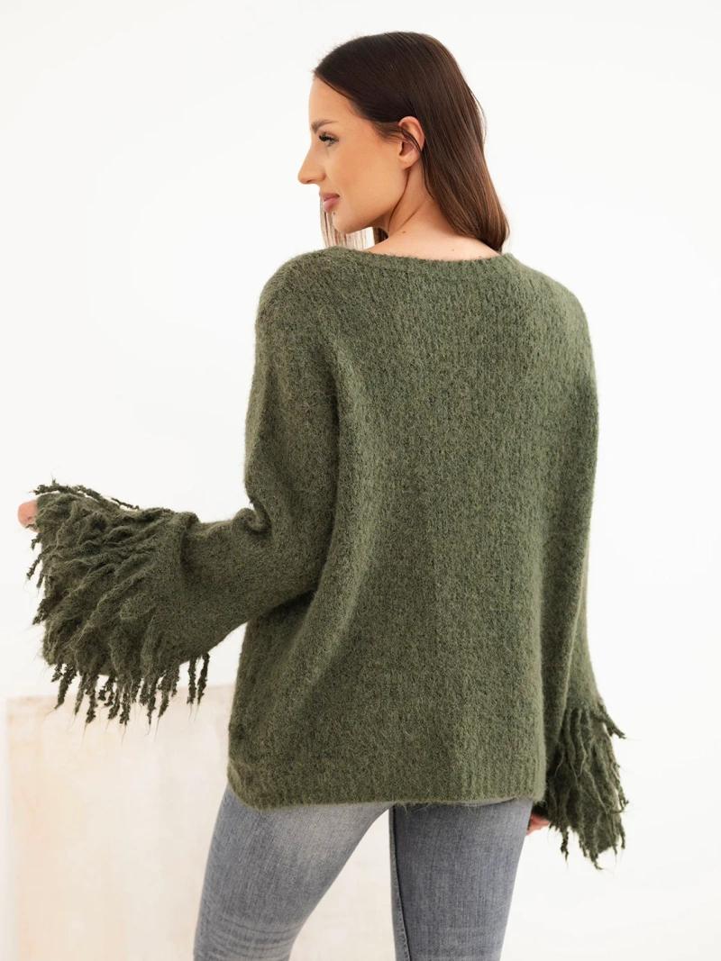 Women's sweater with fringes on the sleeves and a round neckline khaki