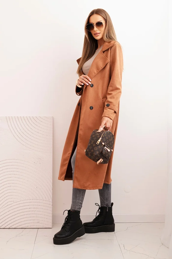 Women's suede coat tied at the waist with collar and buttons camel