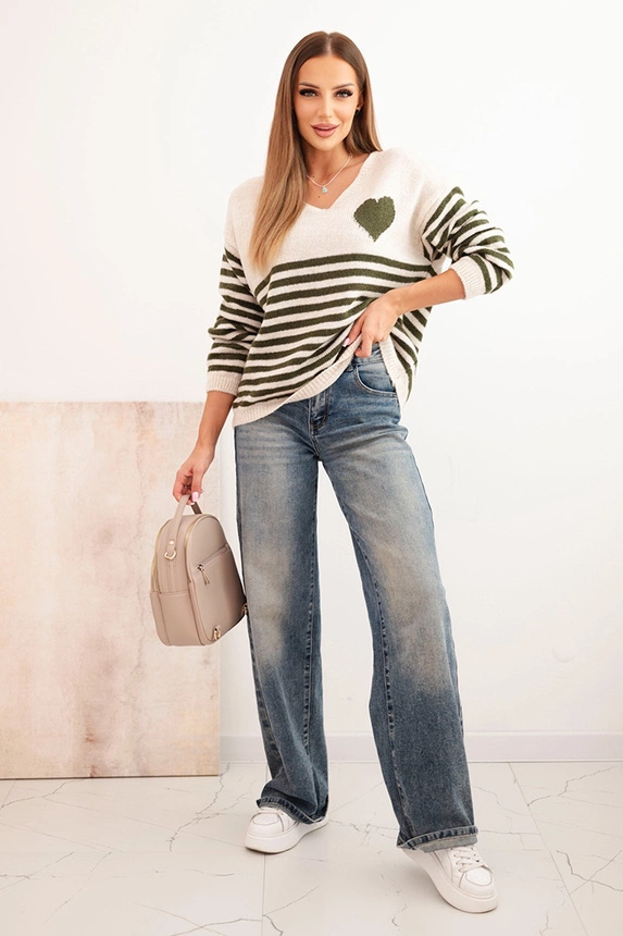 Women's striped sweater with a heart, mohair, and V-neck khaki