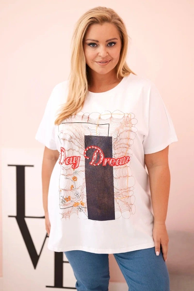 Bluzka damska bawełniana Plus Size z nadrukiem Day Dream biały + granatowy