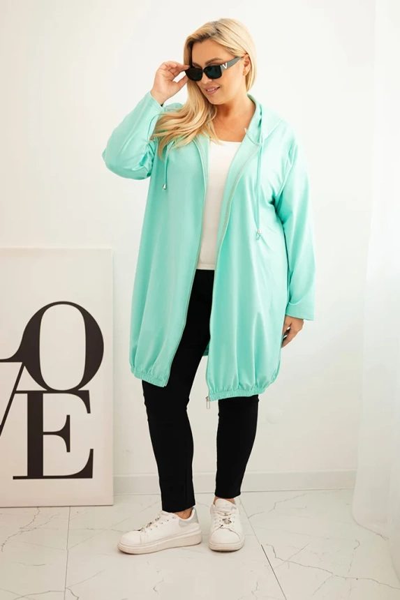 Bluza damska Plus Size bawełniana z kapturem i zamkiem miętowa