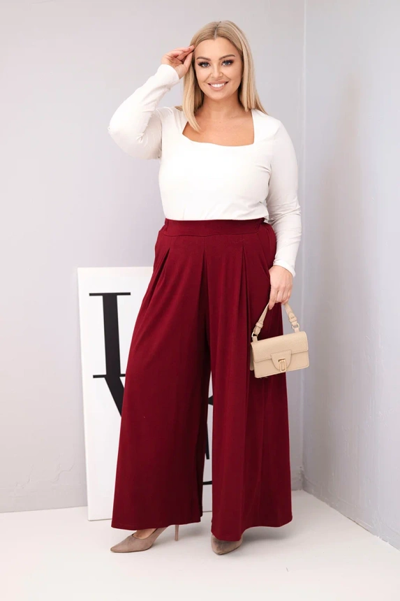 Moteriškos medvilninės Plus Size kelnės su plačiomis kojomis ir laisvu siluetu bordo