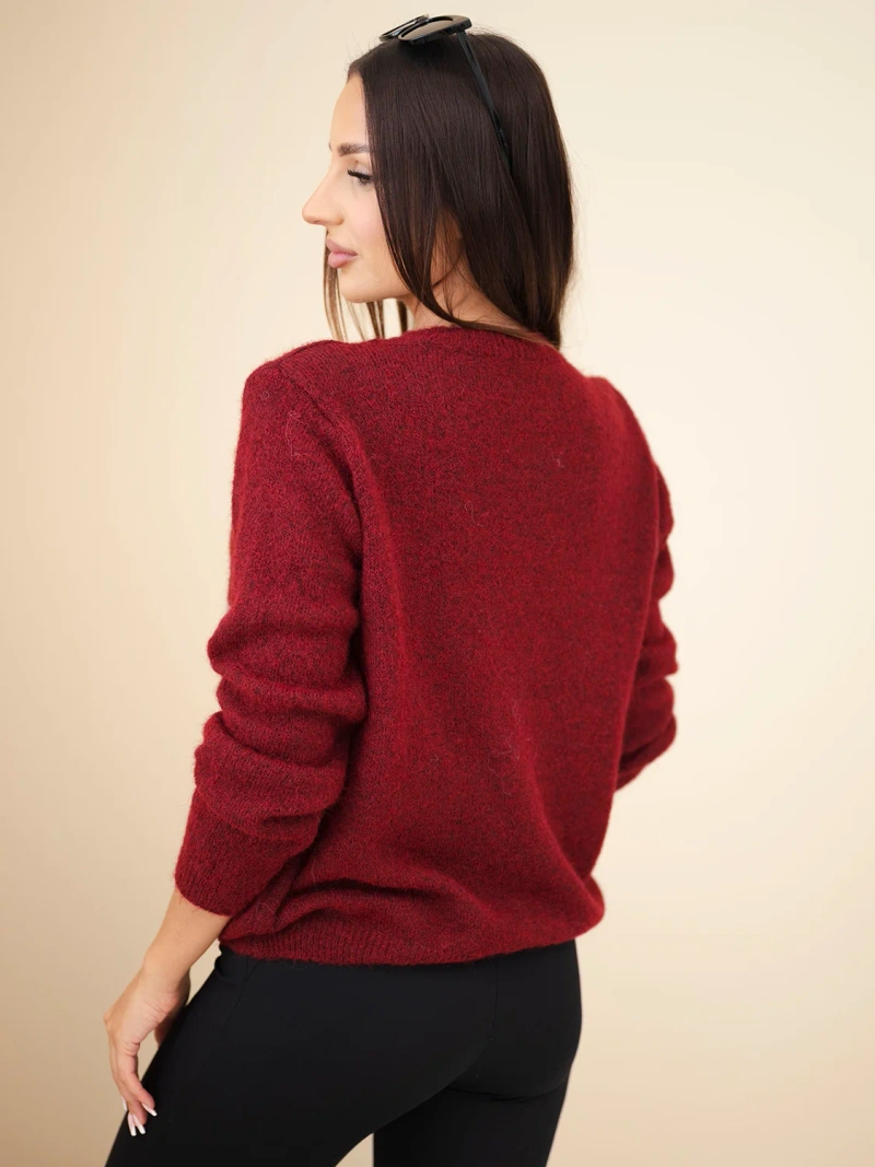Women's sweater with a dachshund pattern and a round neckline burgundy