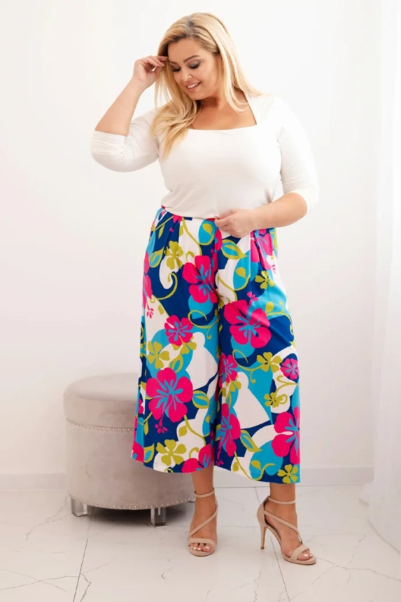 Dámske nohavice Plus Size z viskózy s kvetinovým vzorom fuchsiová