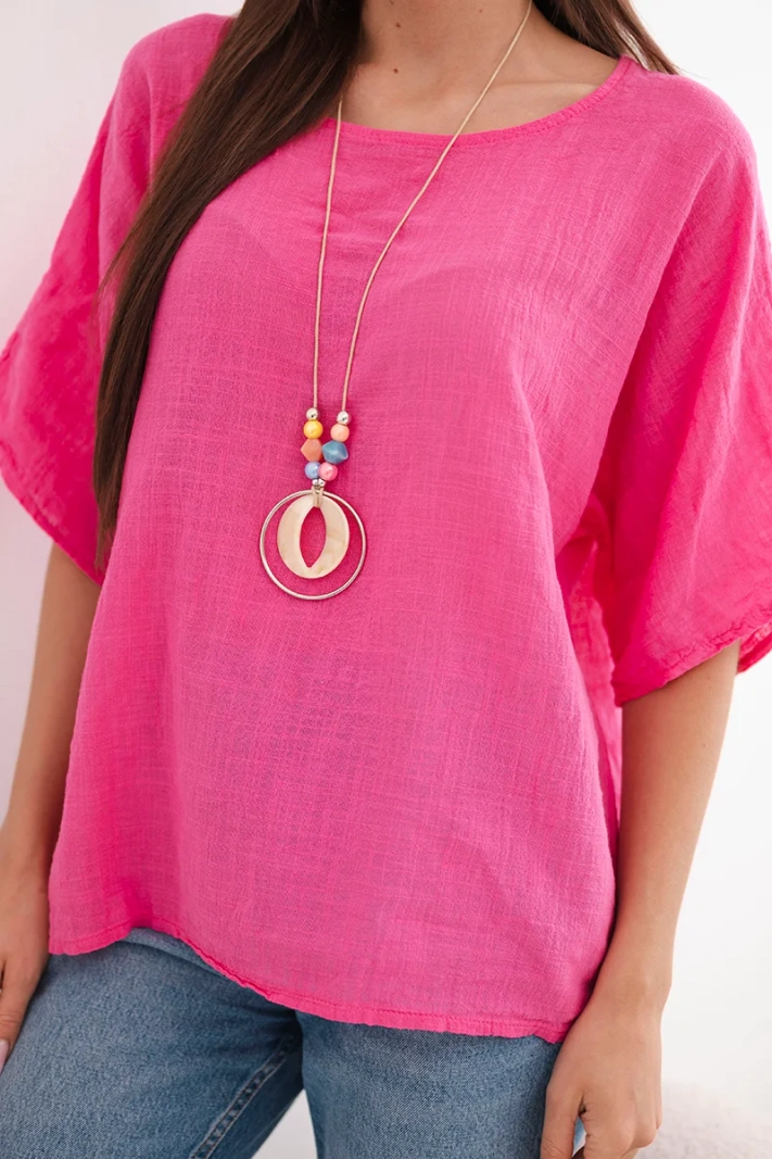Women's oversized cotton blouse with short sleeves pink