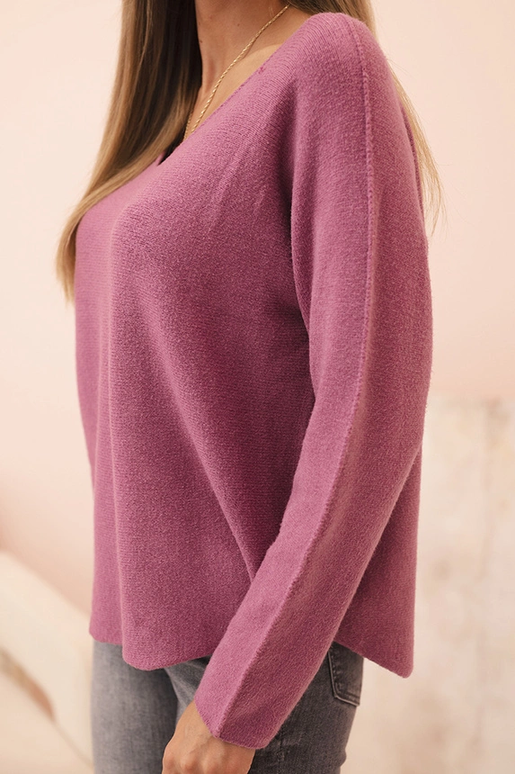 Women's sweater with viscose and V-neck dark pink