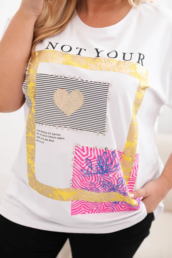 Women's cotton Plus Size blouse with gold print white + yellow