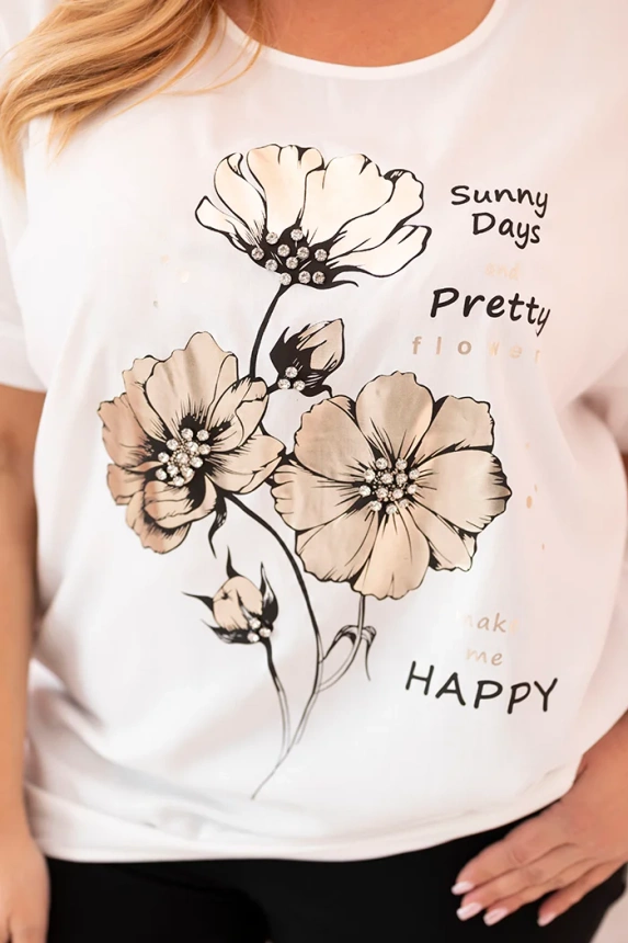 Damenbluse in Übergröße aus Viskose mit Blumenmuster und Schriftzug ecru