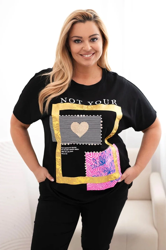 Dámská bavlněná halenka Plus Size se zlatým nápisem černá + žlutá