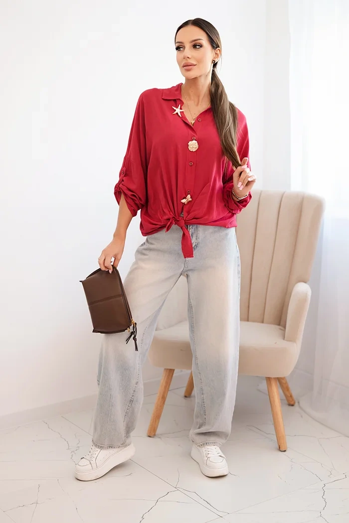 Women's shirt with viscose, featuring decorative buttons and collar, light burgundy